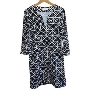 Jude Connally | Megan Dress Black White Geometric Print 3/4 Sleeves Size Large